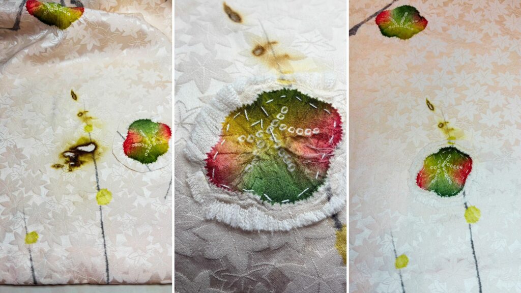 Détail technique de la réparation traditionnelle de kimono : méthode du Kake-tsugi sur soie de haute qualité.