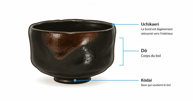 Infographie explicative en français du bol à matcha de style Raku
